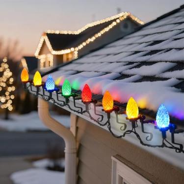 Imagem de NIOSTA Luzes de Natal LED C9 para ambientes externos, cordão de luzes C9 com clipes rápidos, para calha de telhado de casa de Natal, plugue e conectável, 33 m 200 luz, azul branco facetado