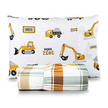 Imagem de Jogo de Cama Lençol Lutti Solteiro Infantil 200 Fios Estampado 2 Peças Trator Caminhão Branco