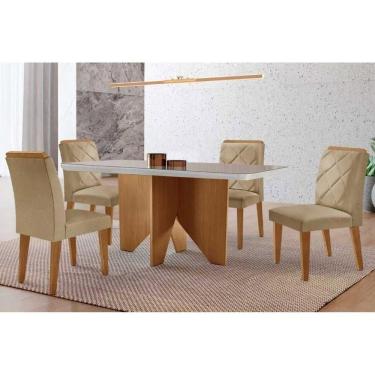 Imagem de Conjunto Sala de Jantar Nevada c/ Tampo Madeirado c/ Vidro Canto Curvo 120x80cm e 4 Cadeiras Pietá Madeira Maciça Naturale/Off White - Capuccino/Linho