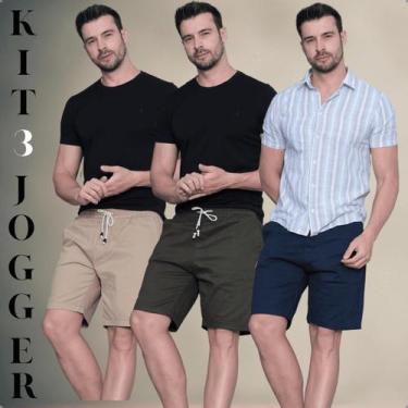 Imagem de Kit 3 Bermudas Jogger Masculina Casual Sarja Com Cordão Ajustável Bols