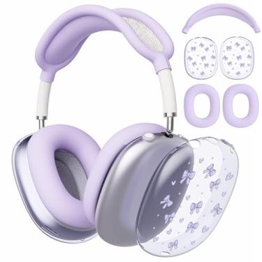 Imagem de AdorableWhimsy Capa com design de laço roxo para Apple AirPods Max, capas para fones de ouvido/capa para fones de ouvido, acessórios de proteção de fone de ouvido para AirPods Max (2020 Lightning/2024
