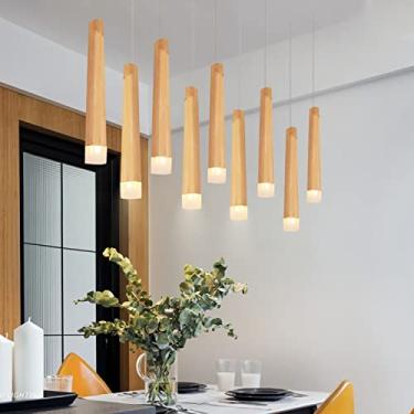 Imagem de Luminária pendente de madeira LED, luminária criativa de mesa de jantar com formato de fósforo, luz branca quente (3000K), lustre com altura ajustável, luminária pendente para sala de jantar