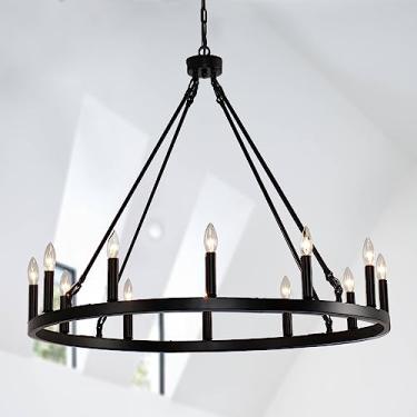 Imagem de Lustre estilo vela com roda de carroça, preto, 12 luzes, lustre redondo com roda de carroça, luminárias para varanda ao ar livre, lustres modernos com rodas de carroça para sala de estar, co