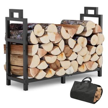 Imagem de Rack de lenha de 86 cm para uso externo e interno com alça e bolsa de transporte, suporte de madeira de metal estável para lareira, pátio, deck, ferramenta organizadora de armazenamento de lenha à