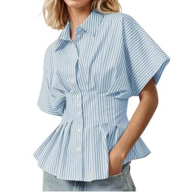 Imagem de Camisa feminina Soamat listrada com botões e manga curta azul