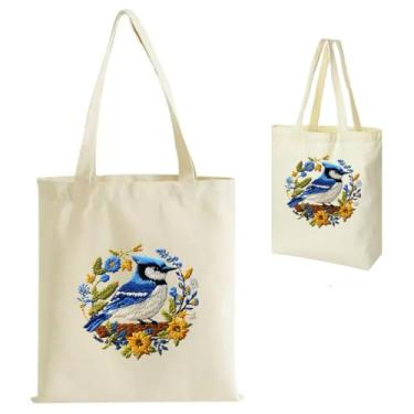 Imagem de Kit de sacola de bordado para iniciantes, sacola de compras de lona bordada à mão com aro, fio dental e acessórios, presente ecológico reutilizável para mulheres e adultos (pássaro, branco)
