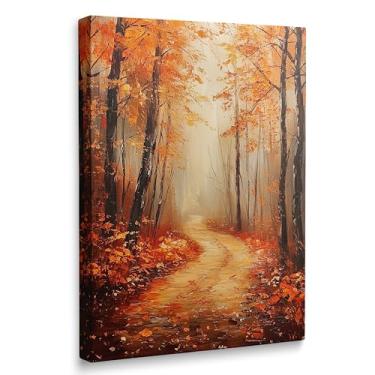 Imagem de Amovlov Arte de parede em tela do caminho da floresta de outono, pintura de paisagem de folhagem de outono laranja, cena de floresta enevoada, decoração de casa moderna (41 x 61 cm)