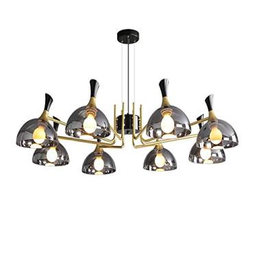 Imagem de YQSLQZZ Luminária pendente industrial americana, lustre Sputnik de cúpula de vidro cinza esfumaçado, luz de teto montada semi-embutida ajustável em altura, para sala de estar, sala de jantar