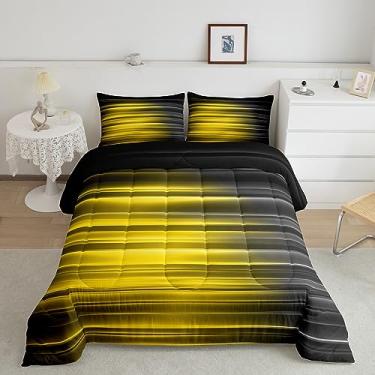 Imagem de Feelyou Conjunto de edredom King amarelo e cinza, geométrico, abstrato, ombré, linhas amarelas, gradiente, abstrato, ombré, conjunto de edredom com 2 fronhas