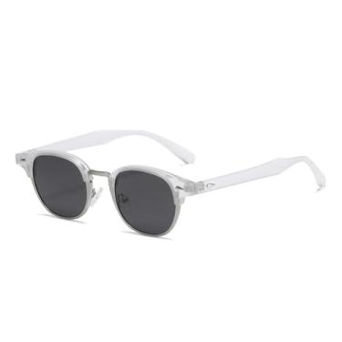 Imagem de Óculos de sol retrô clássico semi-metálico oval feminino fashion punk masculino rebites uv400 (cinza transparente)
