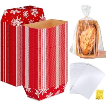 Imagem de Vesici 100 conjuntos grandes de formas de papel descartáveis de Natal para assar 21 x 11 x 6 cm com 100 sacos transparentes e laços para bolo de pão, decoração de festa de Natal