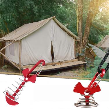Imagem de 1 pino de barraca de espinha de peixe com mola - Pregos de âncora resistentes para barracas ao ar livre; tábuas de madeira, estaca de metal à prova de vento com tensor de corda, vermelho