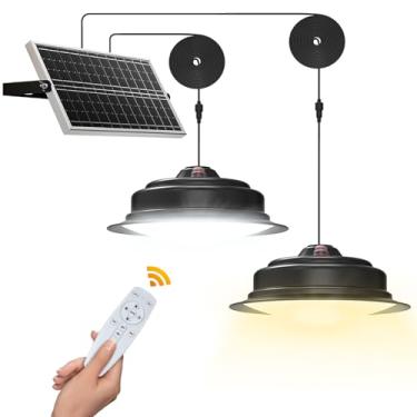 Imagem de Luzes solares para ambientes internos e externos, casa, 1000 lúmens, malitupy, luz solar de cabeça dupla com controle remoto regulável, 120 LEDs, luz pendente solar branca fria/quente para pátio, varanda, celeiro, armazenamento, casa de fazenda, garagem