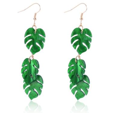 Imagem de Brincos Monstera, brincos de folha de palmeira de acrílico de 8,5 x 2 cm, brincos de planta para mulheres, brincos com pingente de gota de folha Monstera, joia tropical, ideal para aniversário (verde)