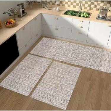 Imagem de Kit Tapete de Cozinha Antiderrapante 3 Peças – Passadeira + 2 Tapetes Jogo Decorativo Geométrico Lavável e Antialérgico (M 10 Risco Marrom)