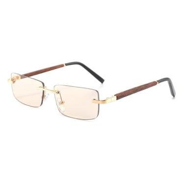 Imagem de Óculos de Sol Retangulares Pequenos com Armação de Madeira, Sem Aro e Lentes Degradê, Proteção UV400, Champagne