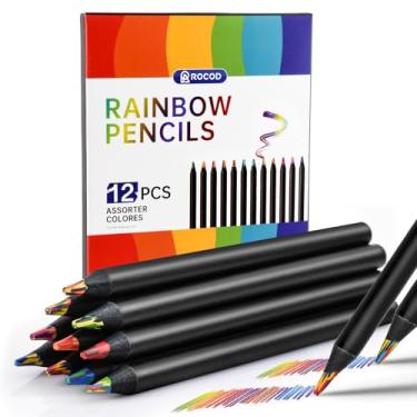 Imagem de ROCOD Lápis arco-íris, 12 lápis de cor arco-íris, lápis divertido, materiais de arte para crianças, presentes de aniversário e Natal para crianças de 8 a 12 anos, cesta de Páscoa