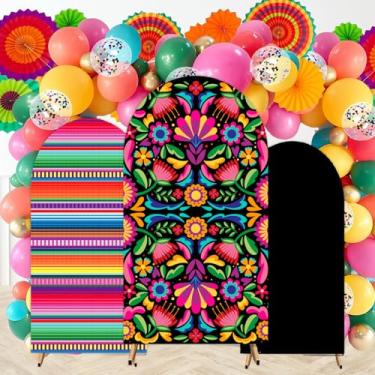 Imagem de JarThenaAMCS 3 peças de capas de pano de fundo de arco mexicano colorido Otomi Flower Arch Stand Capa de tecido para decoração de festa de chá de bebê Cinco De Mayo Talavera, casamento, aniversário