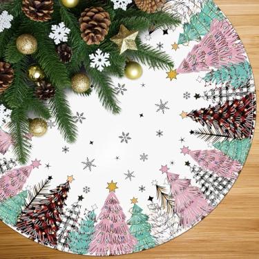 Imagem de Saia de árvore de Natal xadrez de búfalo colorida de 91 cm com estrela de floco de neve, decoração de Natal para ambientes internos e externos, tapete de árvore de Natal de inverno para decoração de
