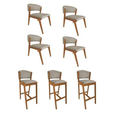 Imagem de Kit 4 Cadeiras Kethellen Premium Com 3 Banquetas Ana Em Madeira Maciça Cerejeira Linho Bege