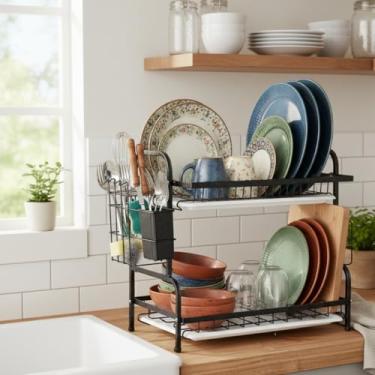 Imagem de MADALEN Escorredor de Louças em Aço Inox 2 Andares - Suporte para Talheres, Copos e Taças – Grande Capacidade, Bandeja Coletora - Branco ou Preto (Preto)