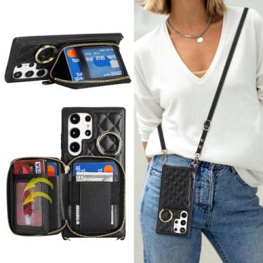 Imagem de Hamany Capa tipo carteira transversal para Galaxy S24 Ultra, bolsa de mão de couro PU com zíper, capa flip, capa com suporte para cartão e alça de pulso - preta