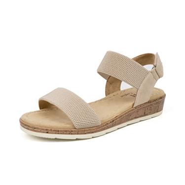 Imagem de VJH confort Sandálias rasas femininas de bico aberto com tira elástica no tornozelo, sandália de salto baixo confortável, Bege, 36