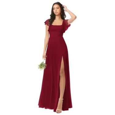 Imagem de Vestido de dama de honra Oisslec Long Chiffon Burgundy A Line para mul