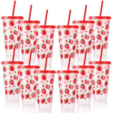 Imagem de Copos de plástico XLSXEXCL Strawberry 24 onças com tampas e canudos 12