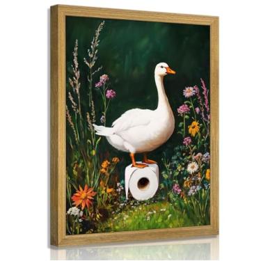 Imagem de ZUGHRERF Arte de parede em tela de banheiro verde escuro com ganso engraçado emoldurado, impressão de pôster de papel higiênico de casa de fazenda, animal, planta, imagem fofa de pato para banheiro