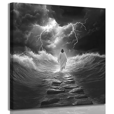 Imagem de Arte de parede Jesus andando na água em tela andando com Deus pintura cristã decoração de parede histórias religiosas da Bíblia pôster impresso arte para sala de estar, quarto, igreja, decoração de