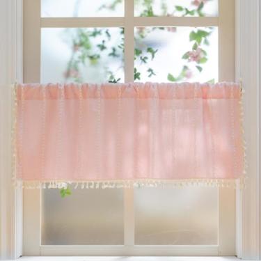 Imagem de GHOJYFM Cortinas Boho Pink Farmhouse - 1 painel boêmio cortinas de janela de café curto com borlas, camada listrada semiblackout e saia para cozinha, banheiro, bolso para varão, rosa, 132 cm L x 45 cm
