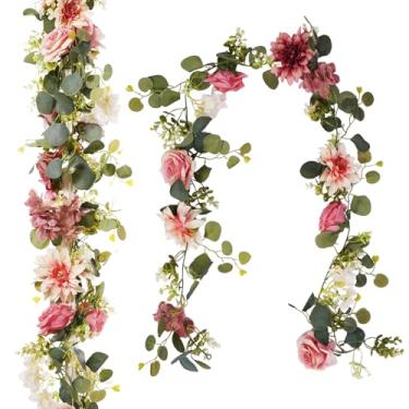 Imagem de Beksodi 2 peças de decorações de guirlandas de flores, guirlanda de rosas de 30 m, guirlanda de rosas de eucalipto artificial com flores florais para decoração de quarto de parede de casamento em arco