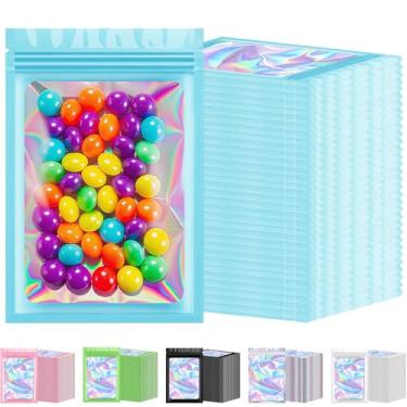 Imagem de 300 sacos holográficos Mylar a granel, à prova de cheiro, sacos resseláveis com janela transparente, bolsa de alumínio para pequenas empresas e armazenamento de alimentos (azul, 7,6 cm x 12 cm)