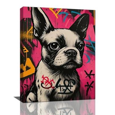 Imagem de Banksy Bulldog arte de parede bonito cachorro grafite lona decoração de parede arte pop arte de rua quadros decoração emoldurada presentes para mulheres meninas banheiro quarto sala de estar