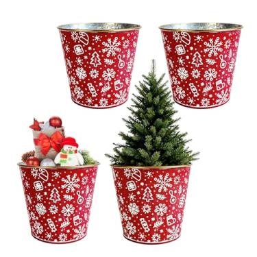 Imagem de Joyfernal 4 baldes de metal de Natal para presentes, balde rústico de lata galvanizado vermelho de 14,5 cm, banheira de bebidas para decoração de Natal, mesa de armazenamento doméstico, pote de