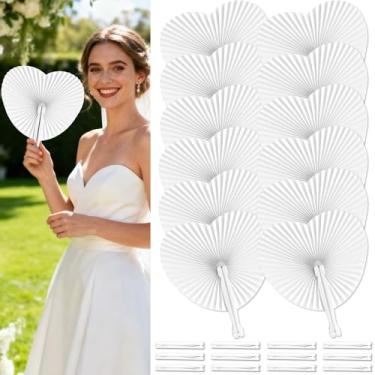 Imagem de Bymugo 24 peças de leques de papel branco em forma de coração – ventiladores portáteis dobráveis com alça de plástico, lembrancinhas de convidados de casamento, suprimentos de festa, pacote a granel