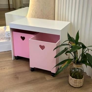 Imagem de Organizador de Brinquedos 2 Gavetas com Rodas MDF 54x41x30cm - Cesto Organizador Multiuso Infantil(Rosa/Rosa)