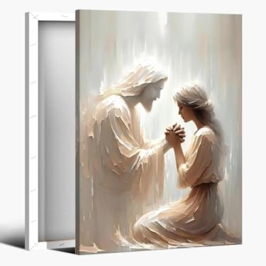Imagem de Arte de parede em tela emoldurada Jesus pôster de arte cristã Jesus e mulher rezando pintura impressão bíblica decoração de parede para igreja, casa, sala de estar, quarto, jantar, escritório, sala de
