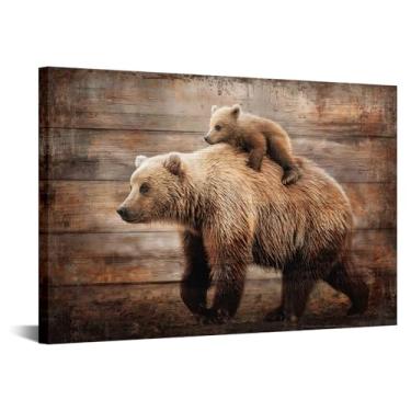 Imagem de KREATIVE ARTS Urso pardo e filhote arte de parede em tela rústica marrom pintura de vida selvagem para sala de estar quarto cabine decoração de casa 61 x 91 cm pronto para pendurar