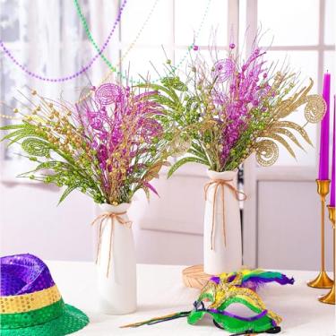 Imagem de Yuefunny 2 conjuntos de decorações de carnaval, flores de carnaval, palitos de frutas silvestres, ramos, flores artificiais, roxo, dourado, verde, vaso, presentes para mesa de carnaval, centro de mesa