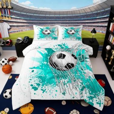 Imagem de Erosebridal Jogo de cama solteiro com estampa de futebol, preto e branco, para meninas, meninos, adolescentes, esportes, esportes, turquesa, tinta, respingos, pincéis, enchimento, edredom