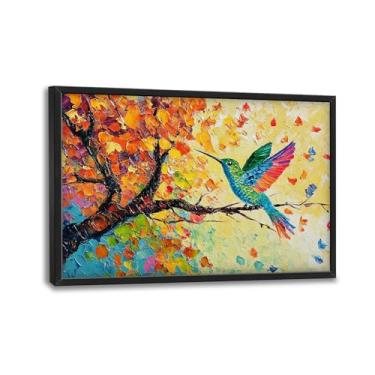 Imagem de Arte de parede emoldurada de beija-flor para sala de estar, decoração de parede de tela de pássaro grande, pintura de imagens de beija-flores no ramo, arte moderna para banheiro quarto 91 cm x 61 cm L