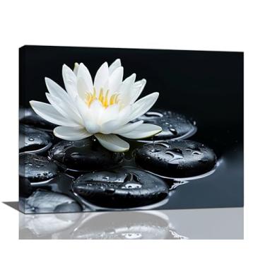 Imagem de Arte de parede Zen Banheiro Pedra Lótus Branco Decoração de Parede Preto Relaxar Meditação Espiritual Poster Imagens Sinal Decorações de Casa Impressão Pintura Arte para Yoga Spa Sala de Estar Quarto