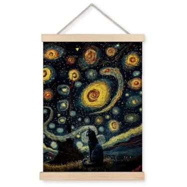 Imagem de YTRGI Pôster emoldurado de arte de parede de gato preto, noite estrelada, decoração de quarto de gato preto, presentes para amantes de gatos, arte de parede de gatos para oficial, feminino, casa de