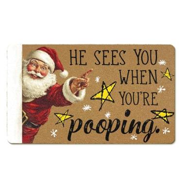 Imagem de EGBTL Tapetes engraçados de Natal de fibra de coco para ambientes internos, ele vê você quando você está cocô tapete de porta da frente entrada externa, capacho engraçado de Natal entrada interna para
