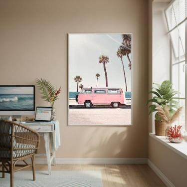 Imagem de Quadro Decorativo Kombi Rosa Com Palmeiras-70x50cm Cor:Moldura Branca 