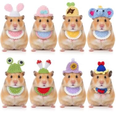 Imagem de Abbylike 16 mini chapéus de hamster, inclui 8 mini chapéus de animais pequenos com alça ajustável, 8 babadores para animais de estimação, roupas de hamster de porquinho-da-índia tricotado à mão para