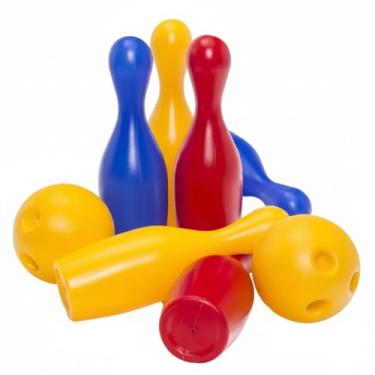 Imagem de Conjunto de Boliche Infantil, Pinos Coloridos em Plástico, Vermelho Azul e Amarelo, Brinquedo Educativo para Crianças
