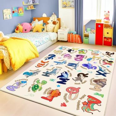 Imagem de Bolacrom Tapetes infantis para sala de jogos, tapete educativo para aprender o alfabeto ABC, macio, lavável na máquina, antiderrapante, fofo, organismos marinhos para sala de aula, berçário, decoração